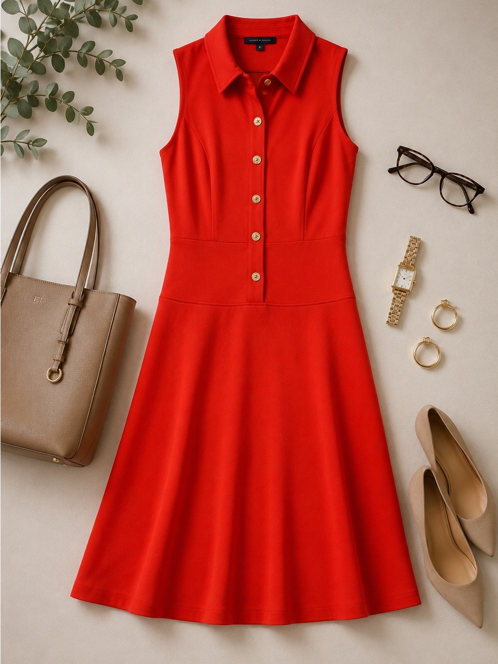 Tommy Hilfiger Red Fit & Flare Collared Dress Gold Buttons NWT Size 12
